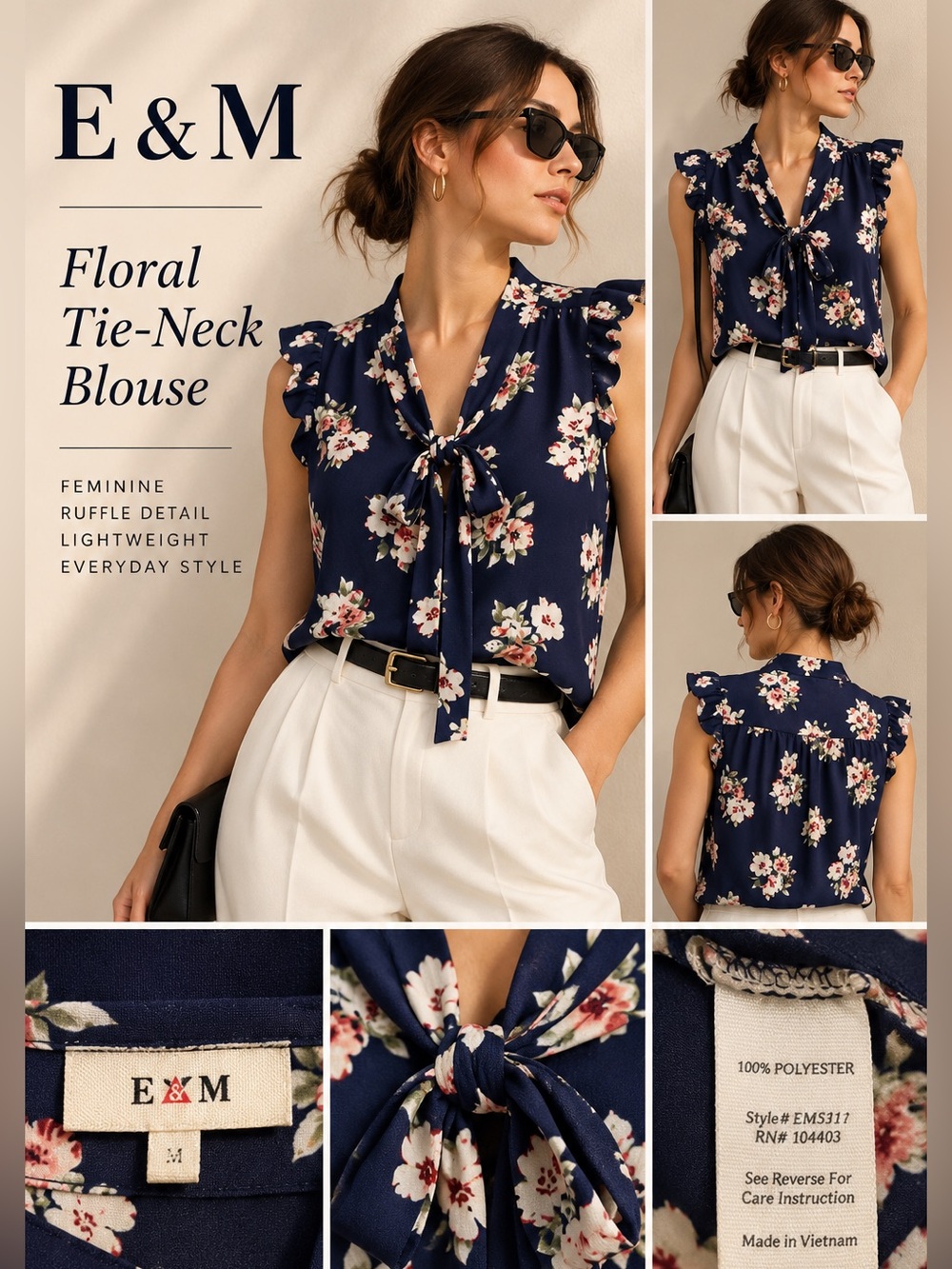 E & M Navy Blue with Flowers Sleeveless Top
